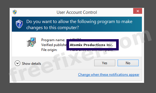 Screenshot where Atomix Productions Inc. appears as the verified publisher in the UAC dialog